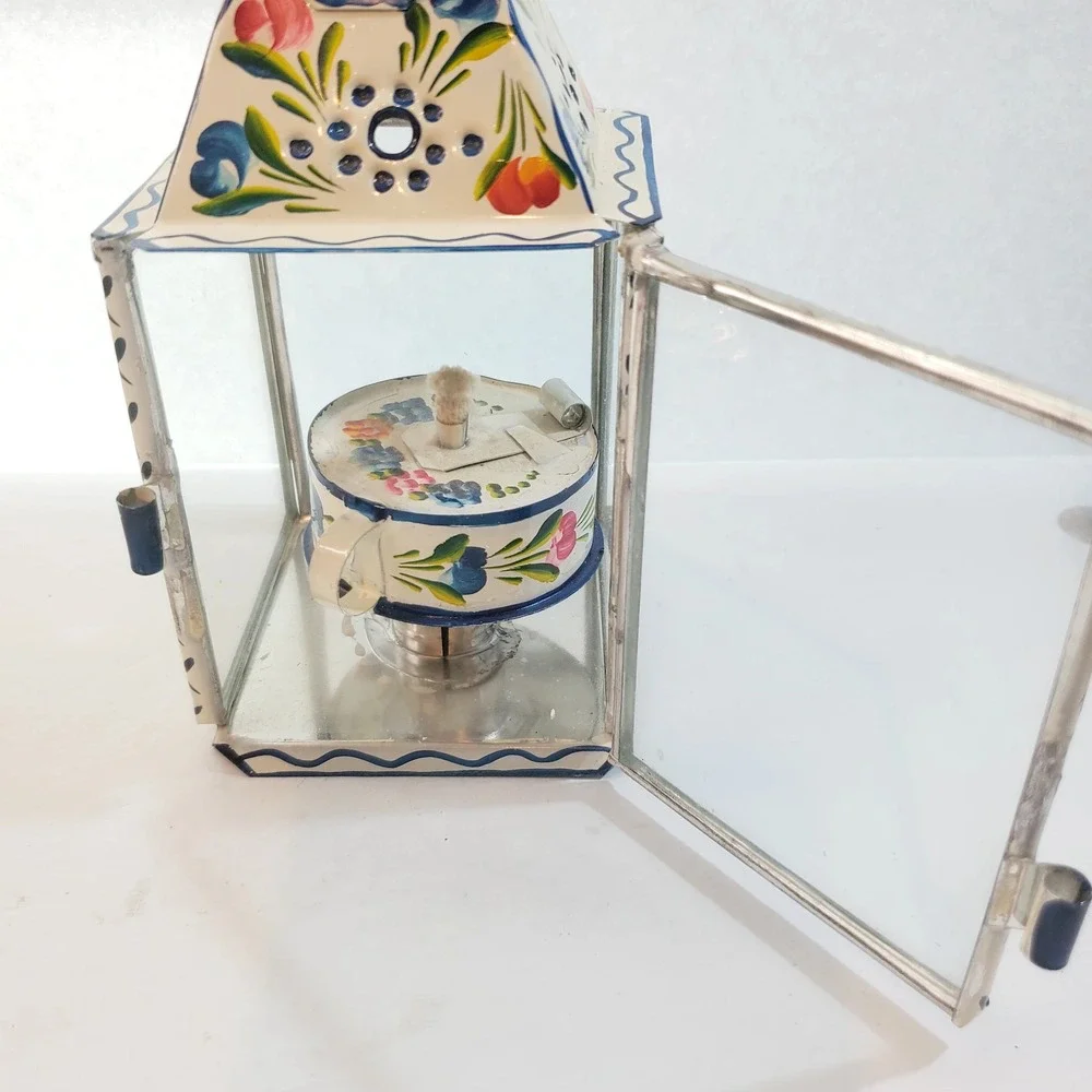 Vintage Primitive Folk Art Tin & Glass Hand Painted Floral Oil Lantern Portugal